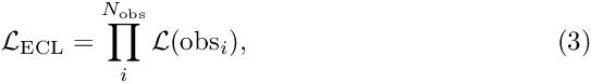 \begin{equation} \mathcal{L}_{\mathrm{ECL}} = \prod_{i}^{N_{\mathrm{obs}}} \mathcal{L}(\mathrm{obs}_{i}), \end{equation}